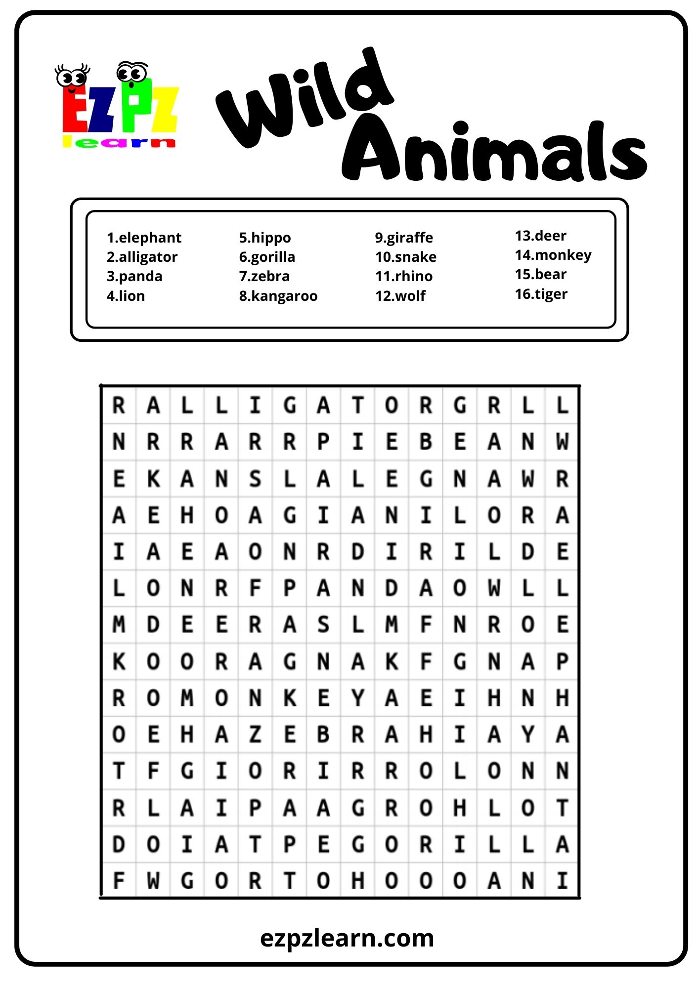 Wild Animals Word Search